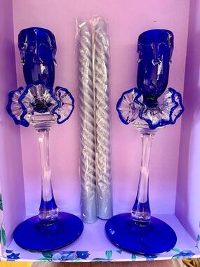 Gift Set Cobalt Blue Murano-Style Glass Ruffles Candle Holders Candlesticks